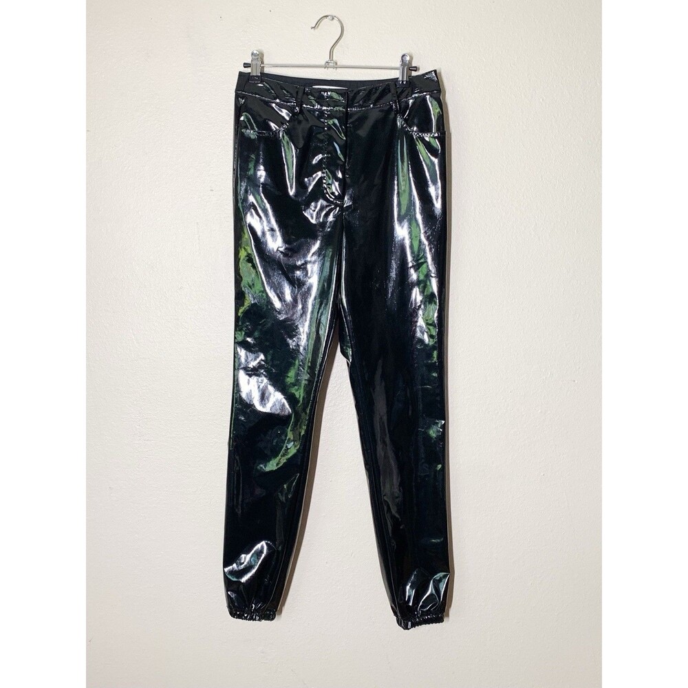 Tibi Tech Patent Vegan Leather Jogger 4 Pants Black Skinny Leg Pockets